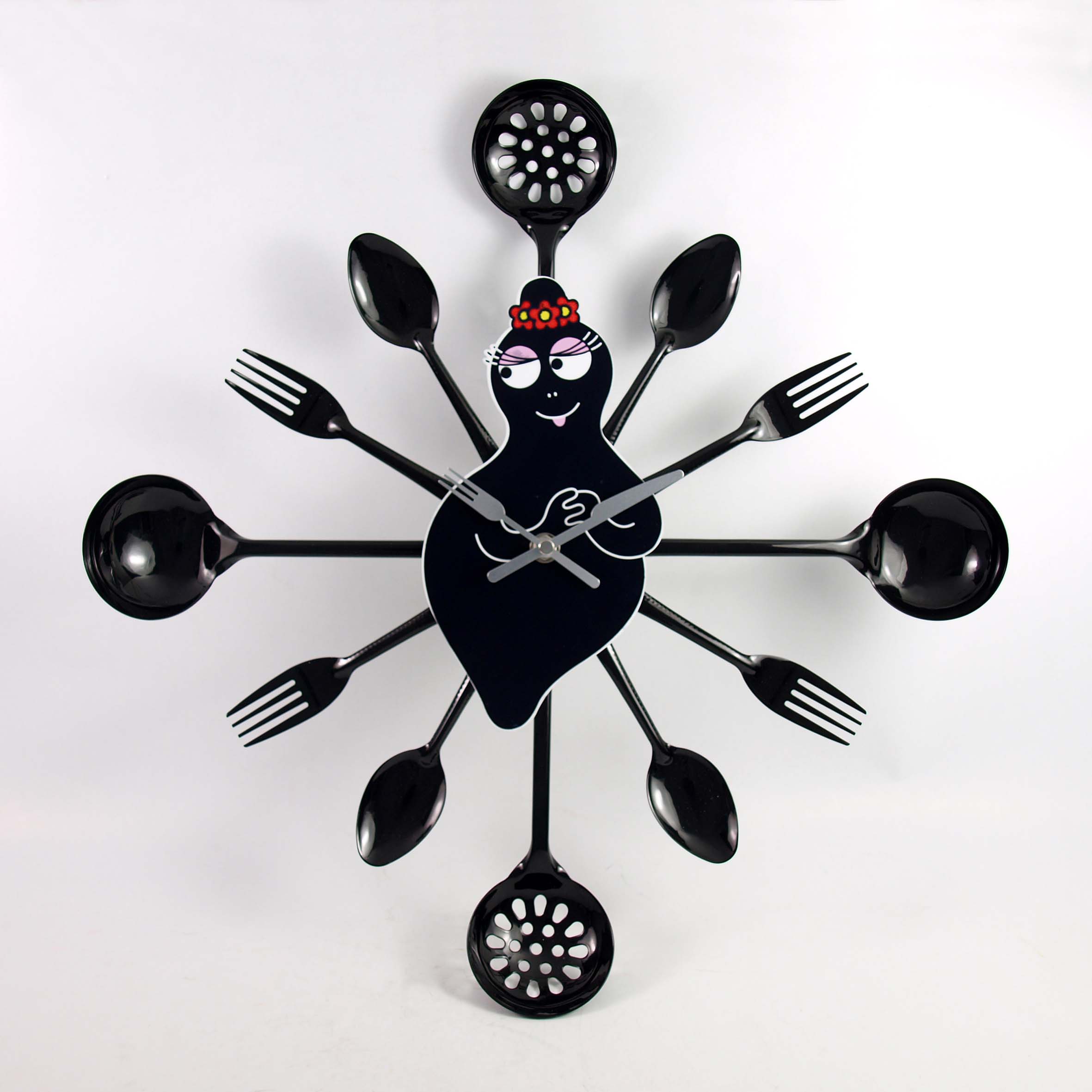 Reloj de pared de cocina de cuarzo de metal con utensilios de cocina de dibujos animados negros