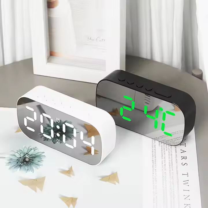 Reloj despertador digital con espejo y control de brillo, temperatura y fecha