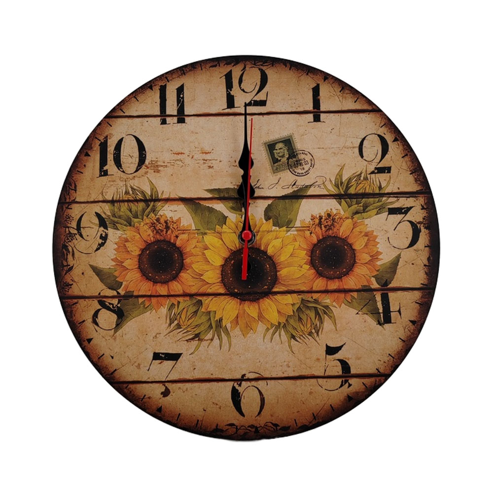 Reloj de pared de madera de cuarzo con diseño de girasol, estilo antiguo, vintage, de una sola cara, funciona a pilas, para interiores, decorativo, con estampado de plantas.